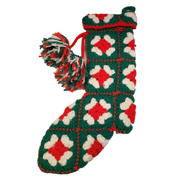 Crocheted Christmas Stocking Granny Square Handmade Vintage Christmas Stocking - Picture 7 of 10
